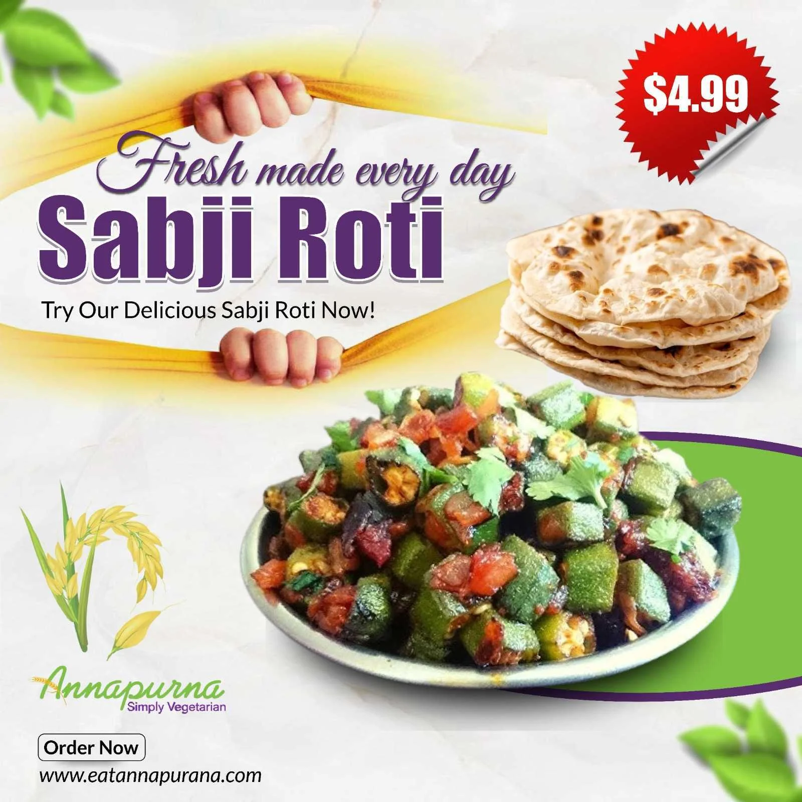 Freshly made Sabji Roti served with mixed vegetables