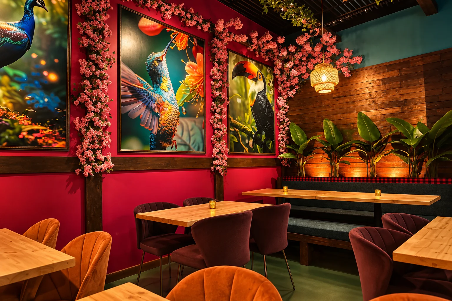 Vibrant restaurant interior with floral decor and colorful bird artwork
