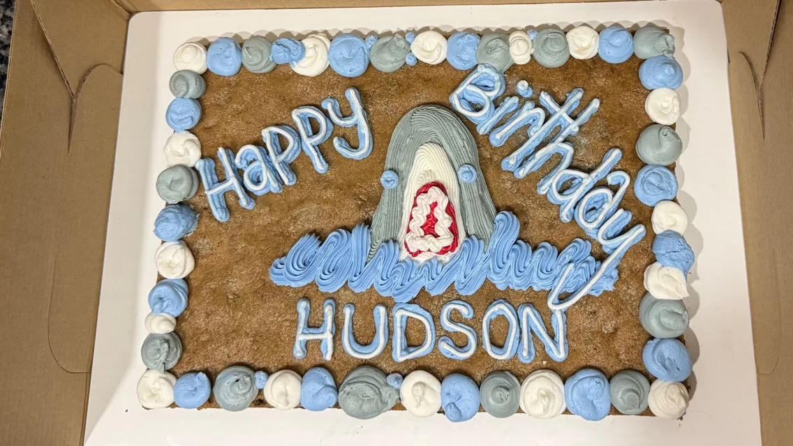 Decorative birthday cake with shark design and blue frosting