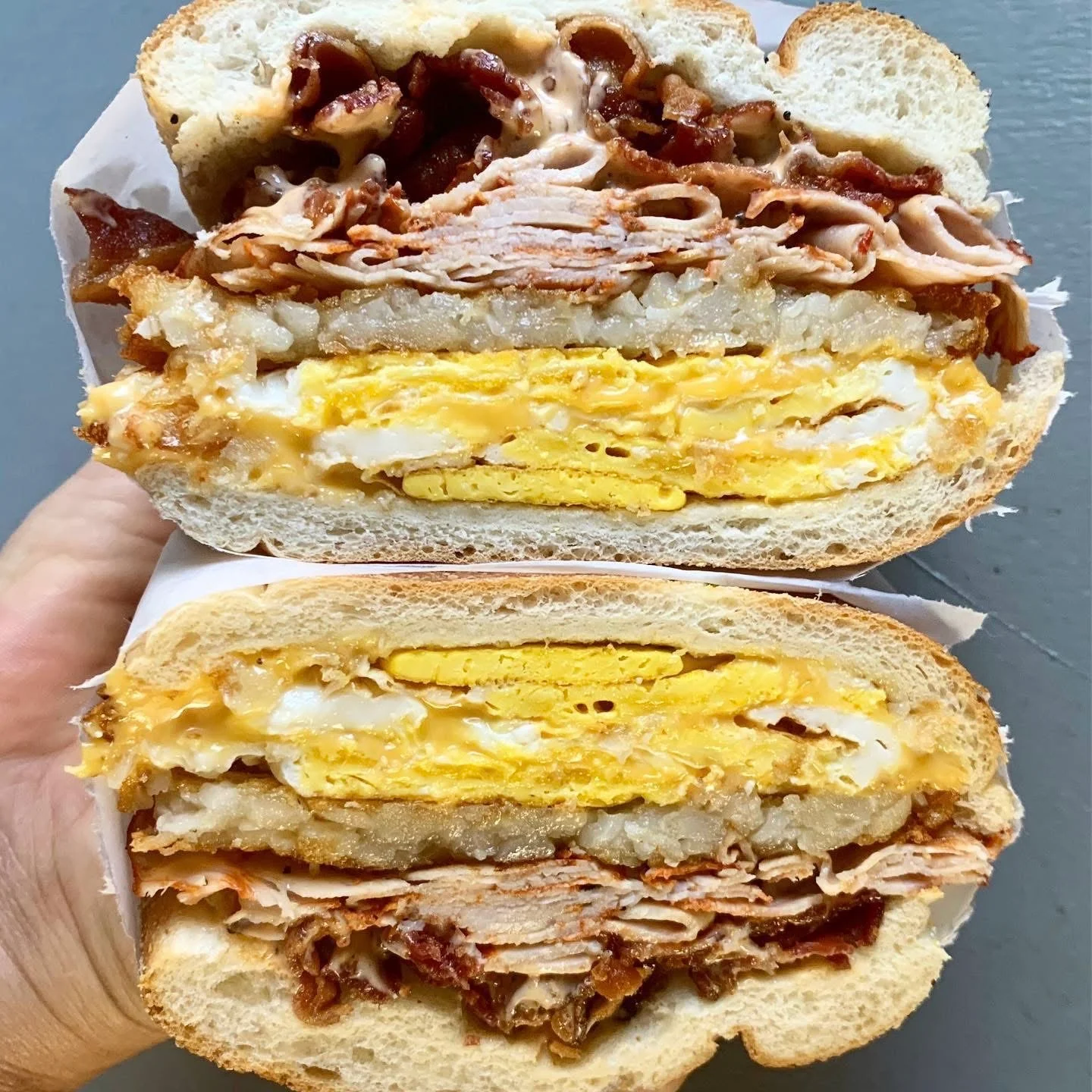 Hearty breakfast sandwich with bacon and egg