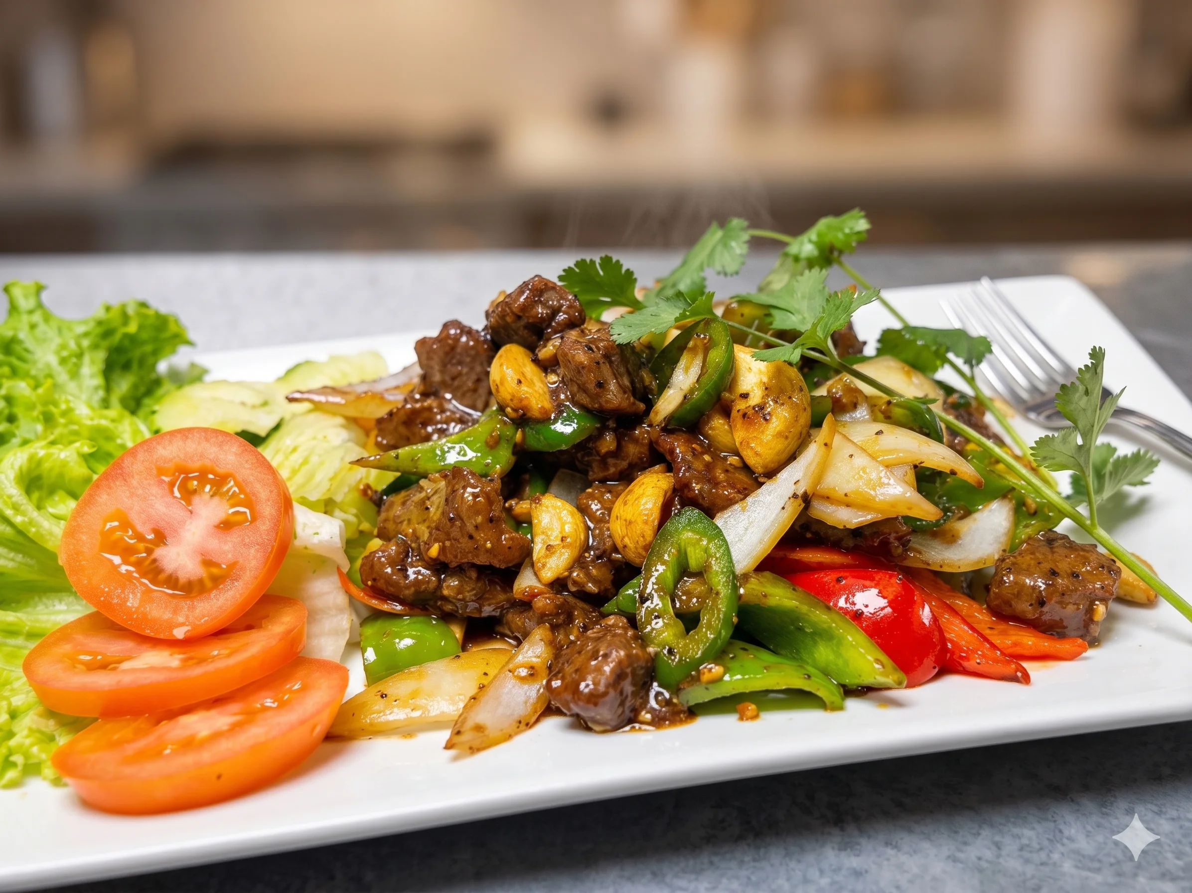 Stir-fried beef with vegetables and cashews on a white plate