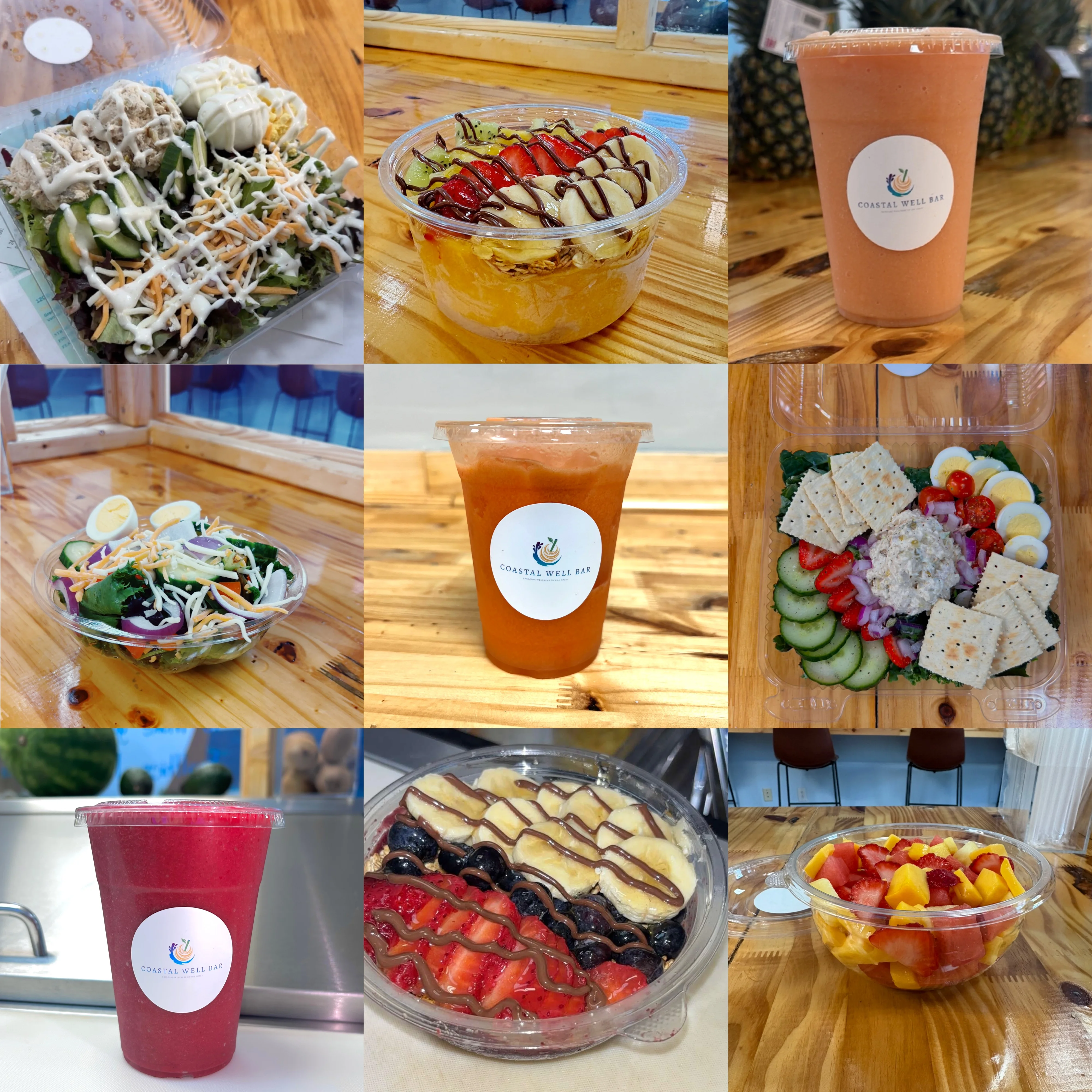 Colorful smoothie bowls and fresh salads at a wellness bar