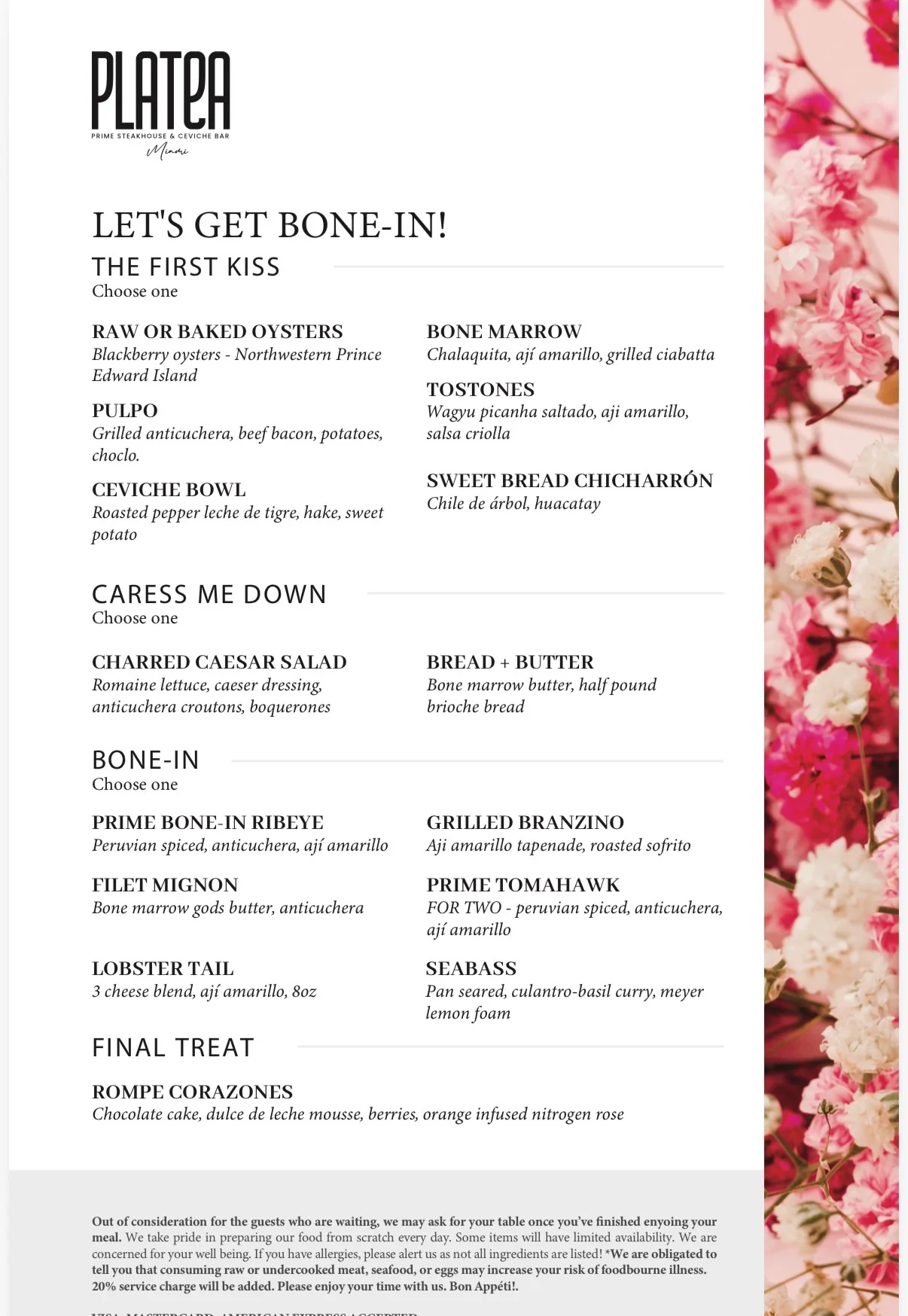 Elegant menu for a prime steakhouse and ceviche bar