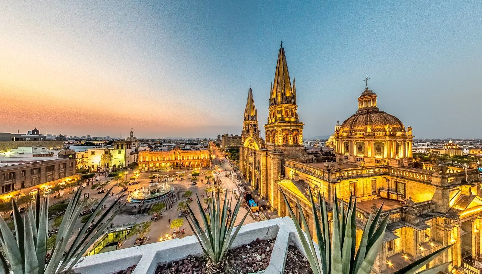Panoramic view of Guadalajara's historic skyline at sunset