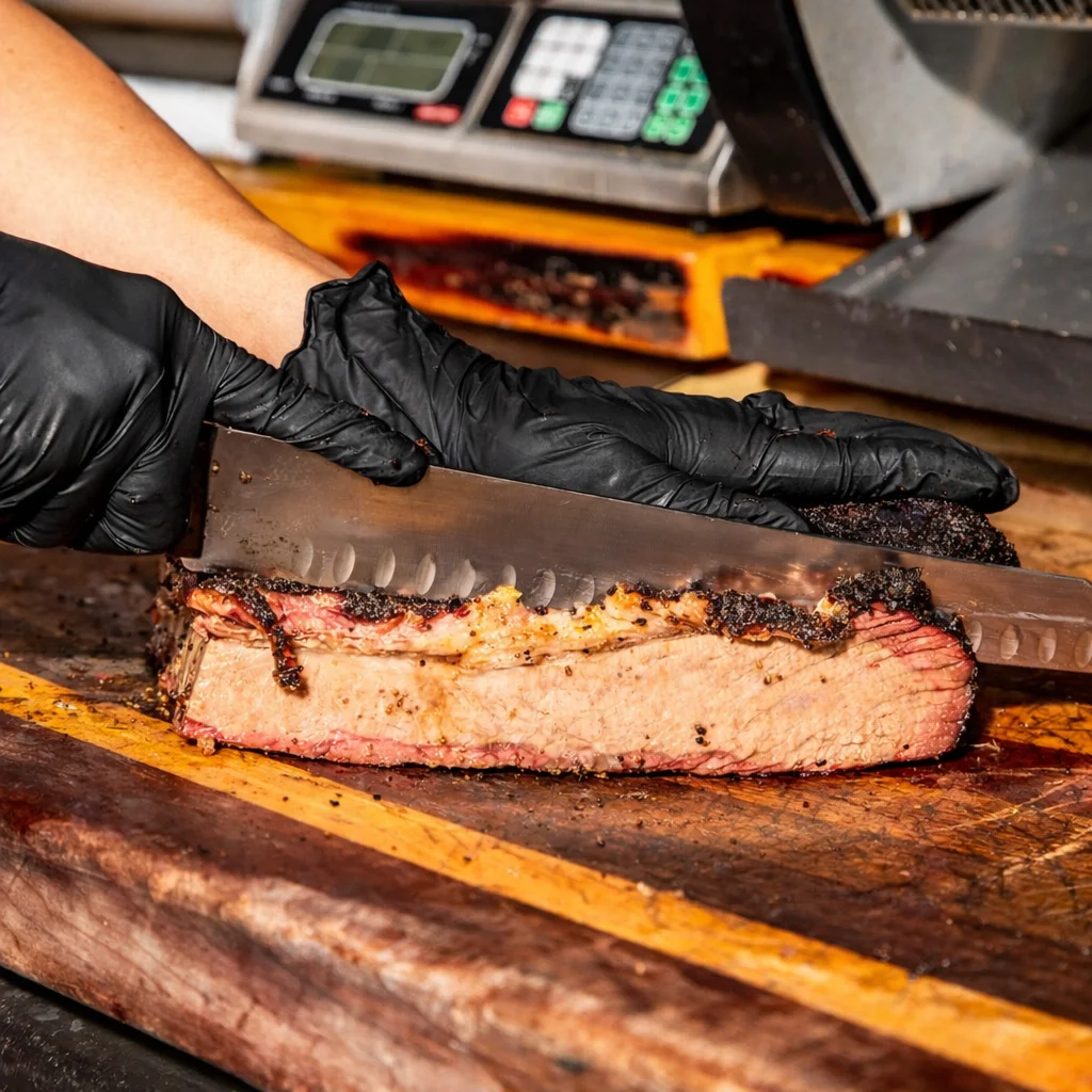 Delicious gourmet burger with fresh toppings on a wooden table