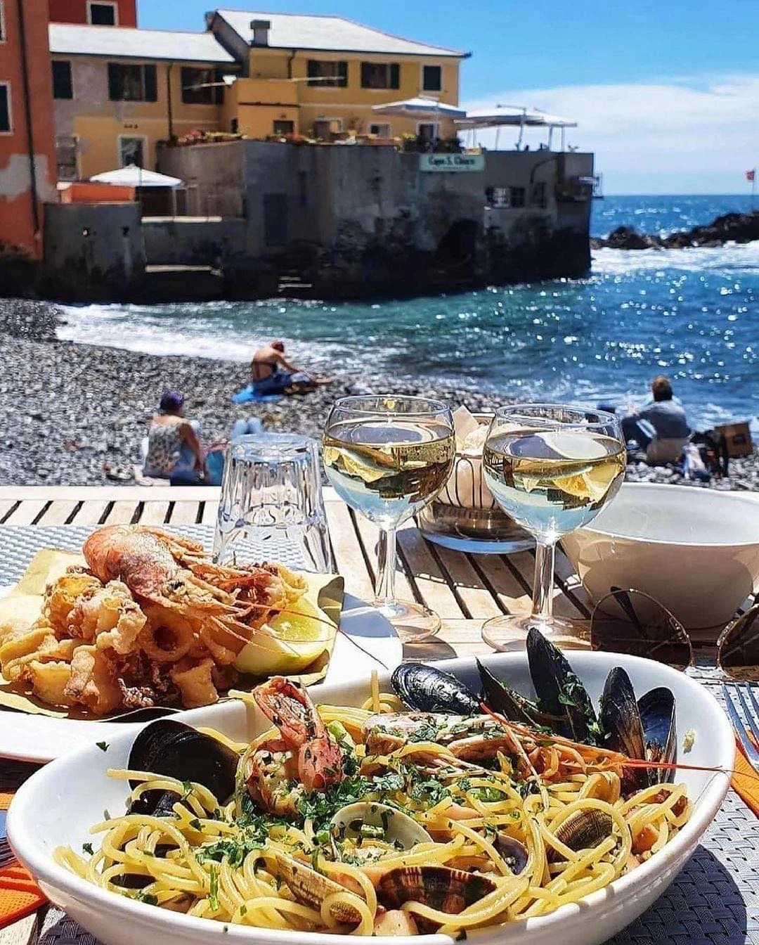 Seafood linguine with a coastal view