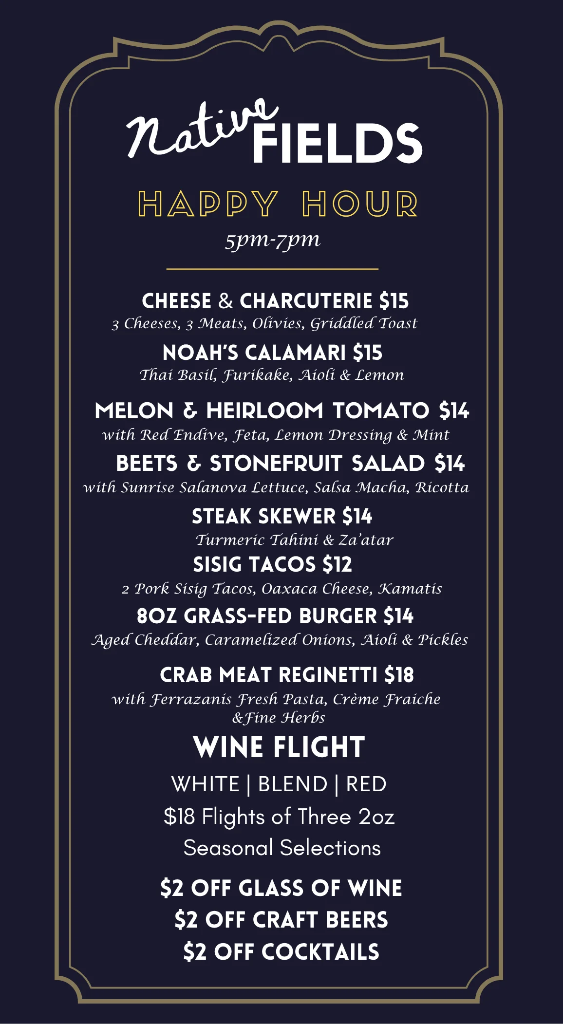 Happy hour menu featuring diverse global dishes