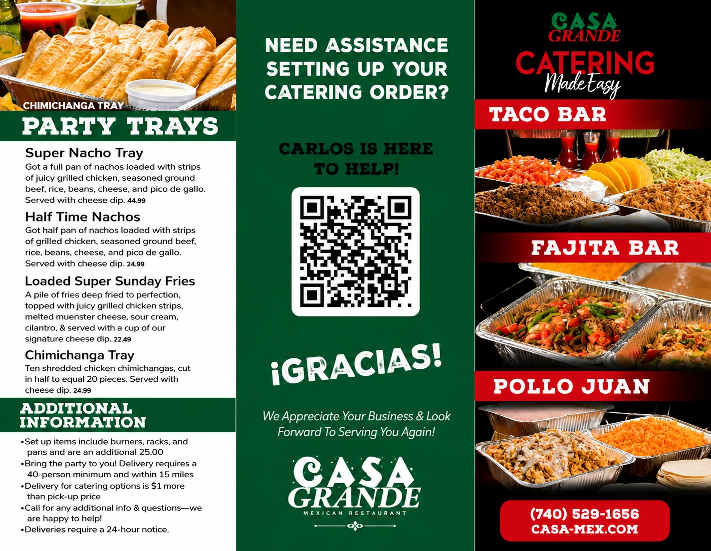 Catering menu featuring Mexican party trays and taco bar options