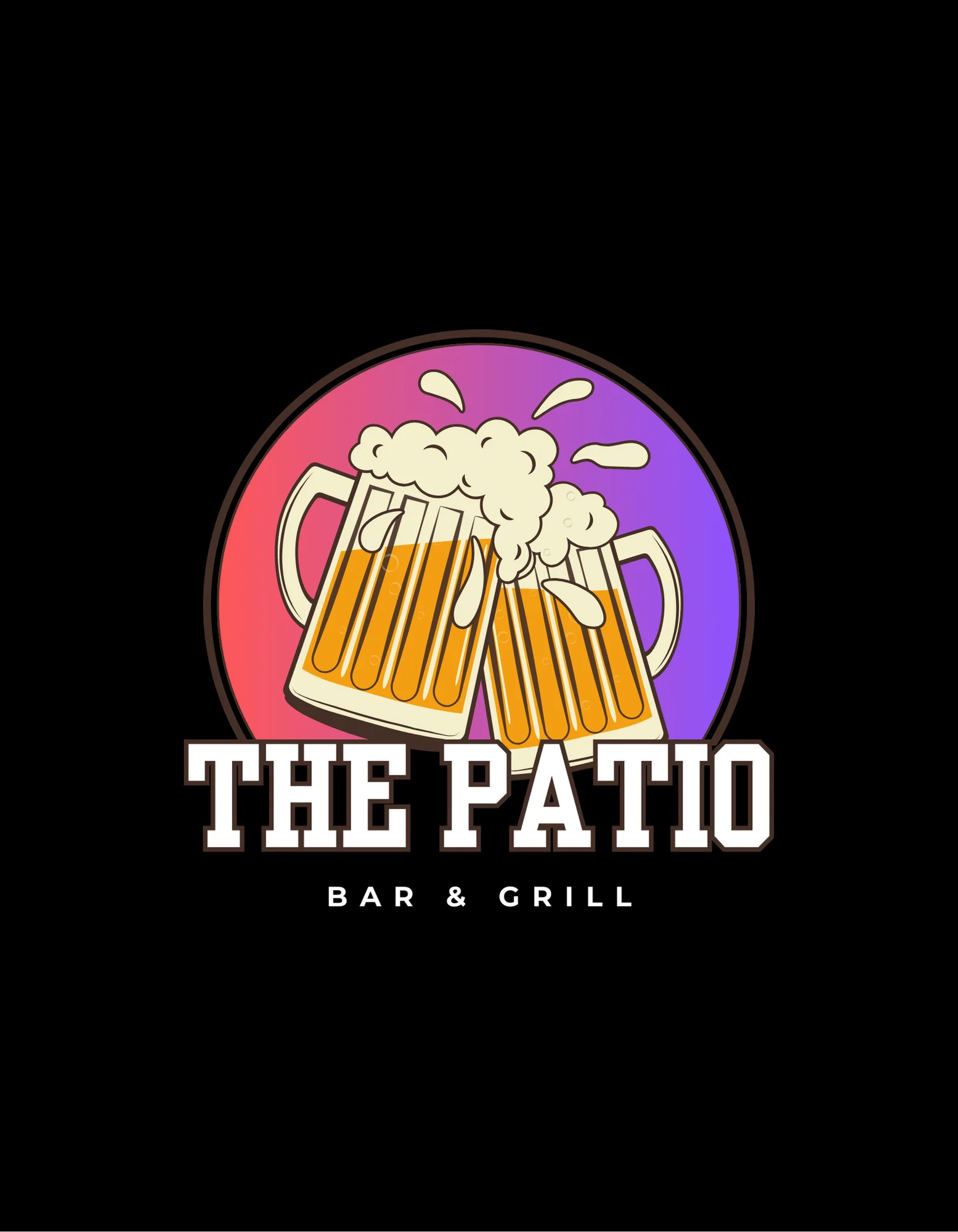 Logo of The Patio Bar & Grill featuring beer mugs