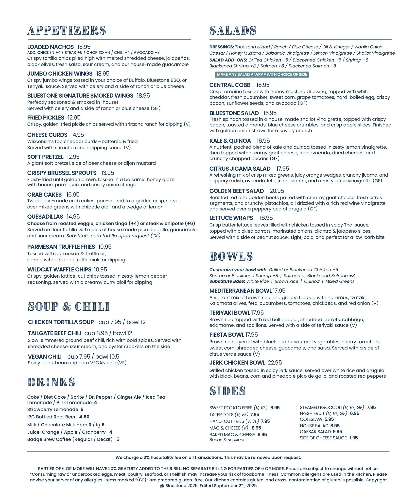 Appetizer menu featuring nachos, wings, and salads