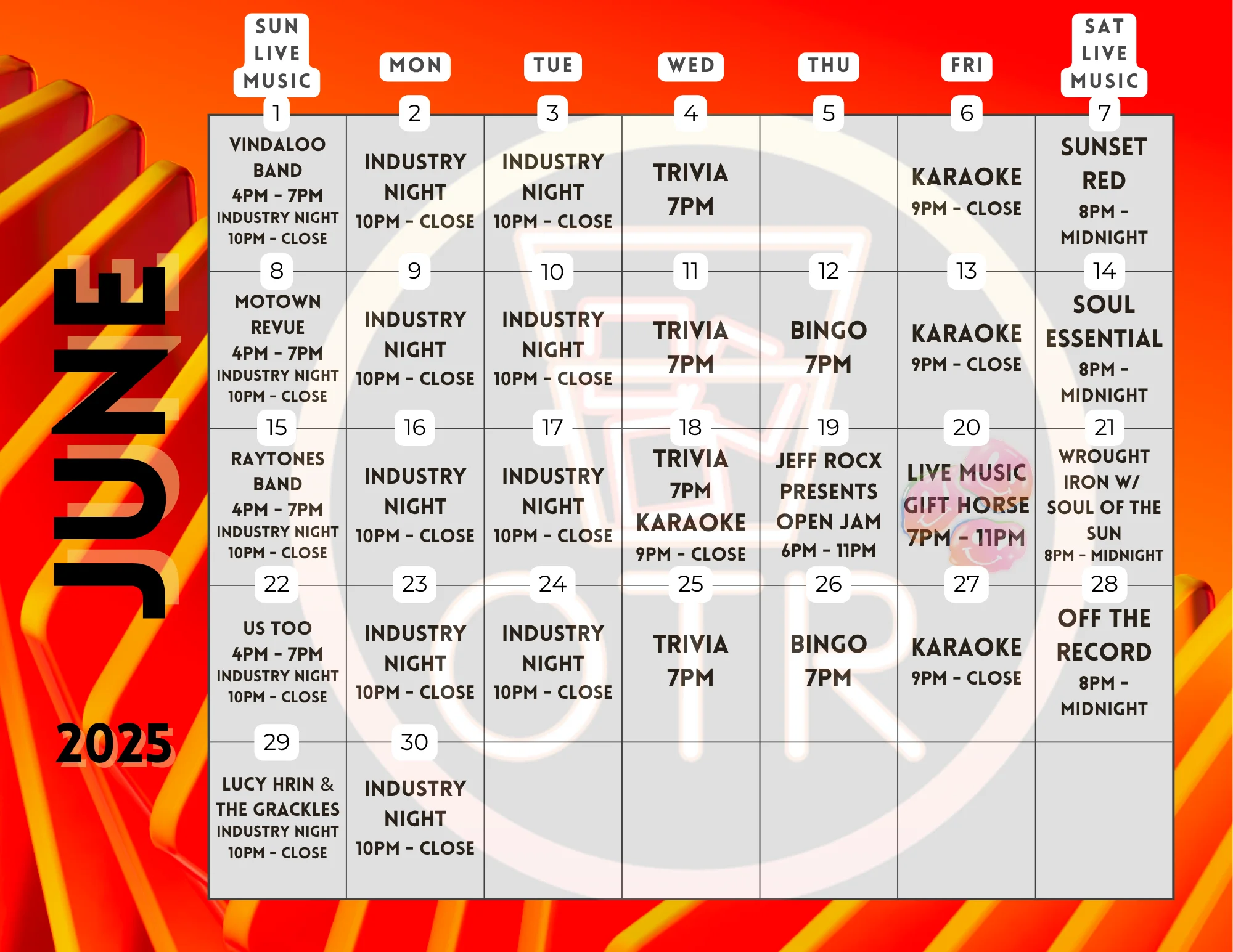 June 2025 event calendar featuring live music and trivia nights