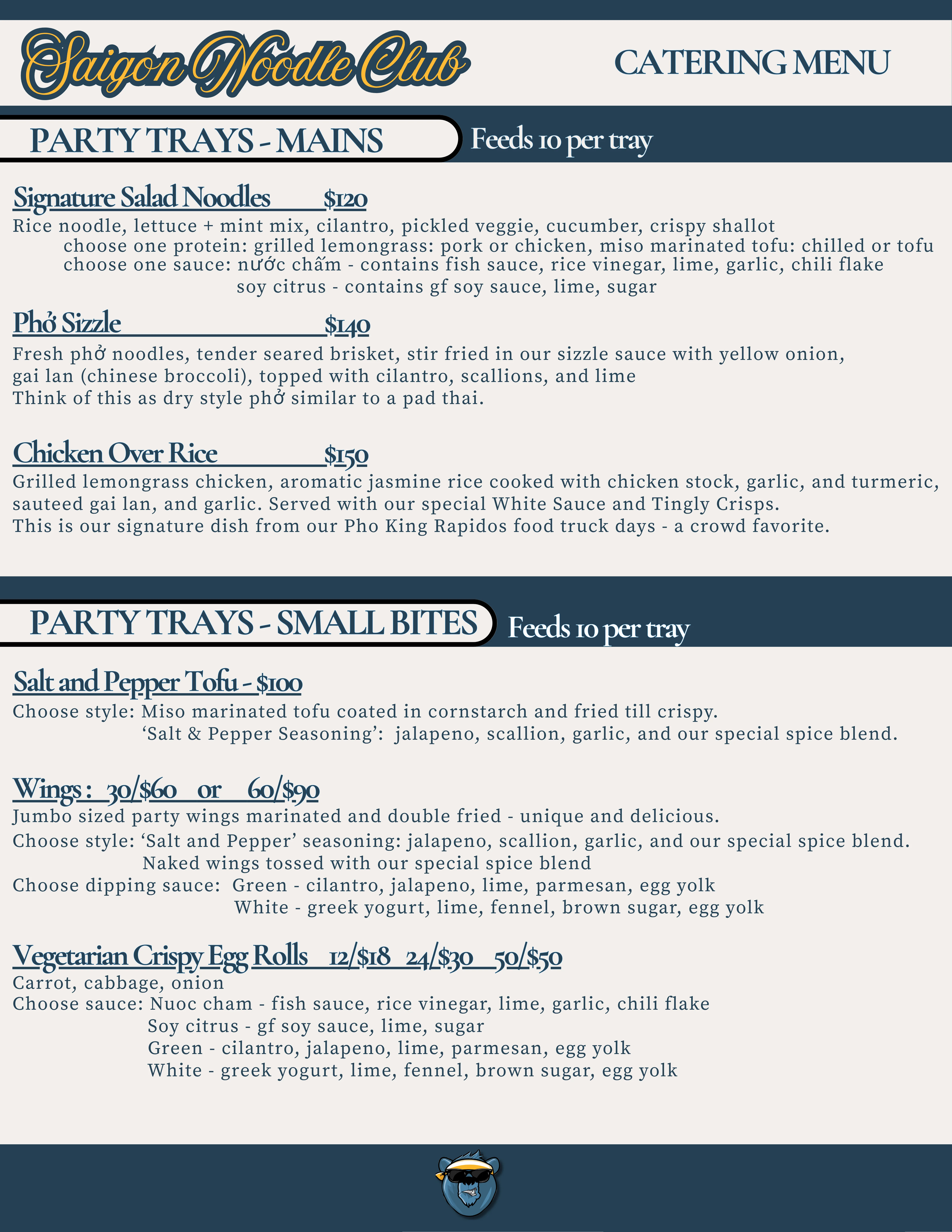 Catering menu featuring Vietnamese dishes and party trays