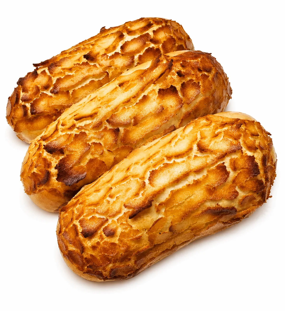 Three golden-brown, crusty bread loaves on a white background.