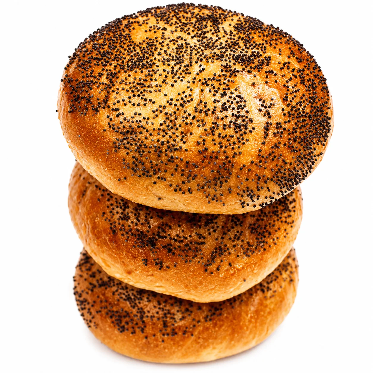 Three poppy seed bagels stacked on top of each other.