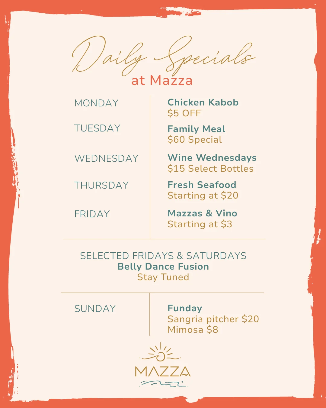 Colorful restaurant newsletter featuring menu highlights and promotions.