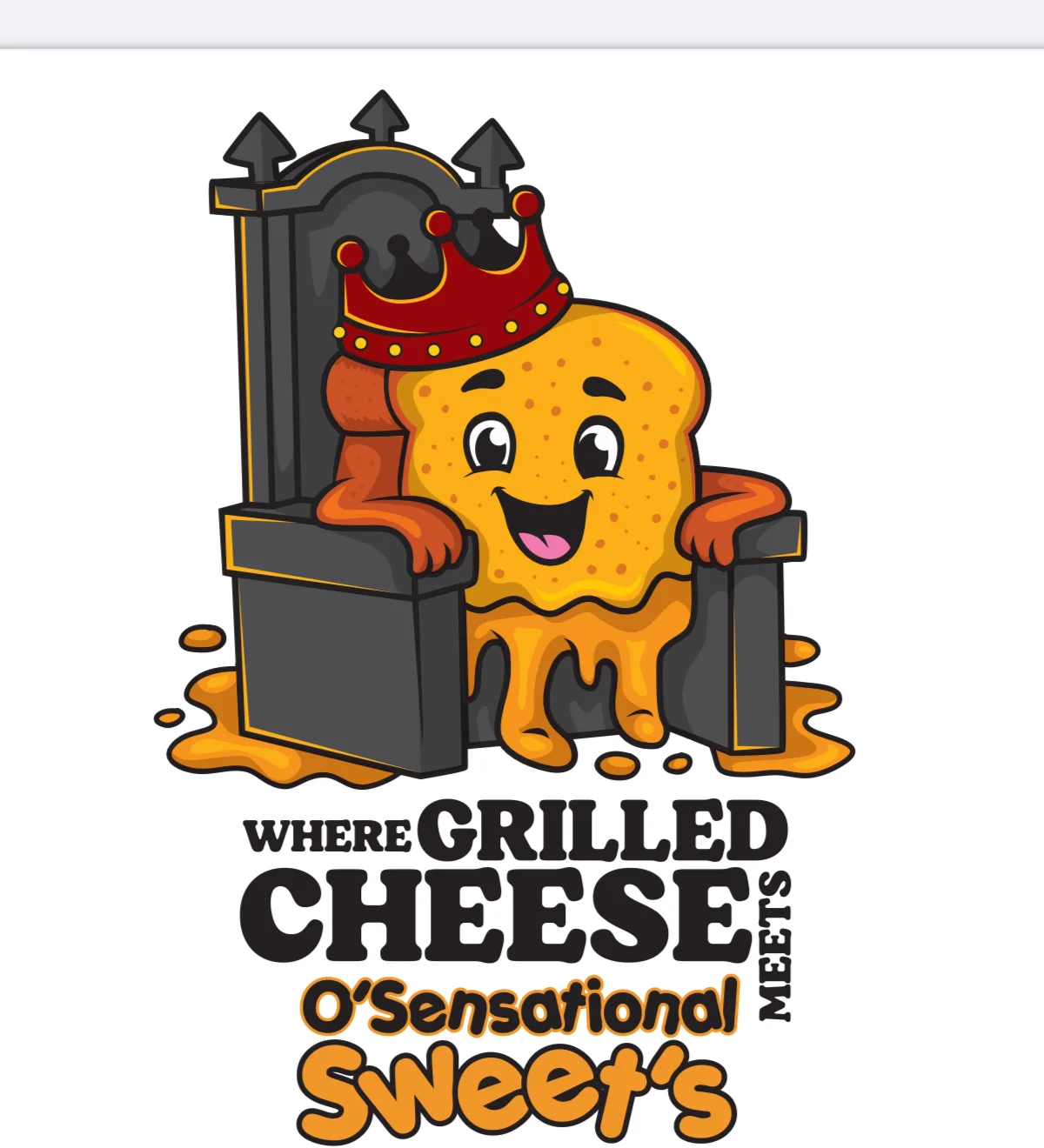 Playful cartoon grilled cheese character with crown and throne