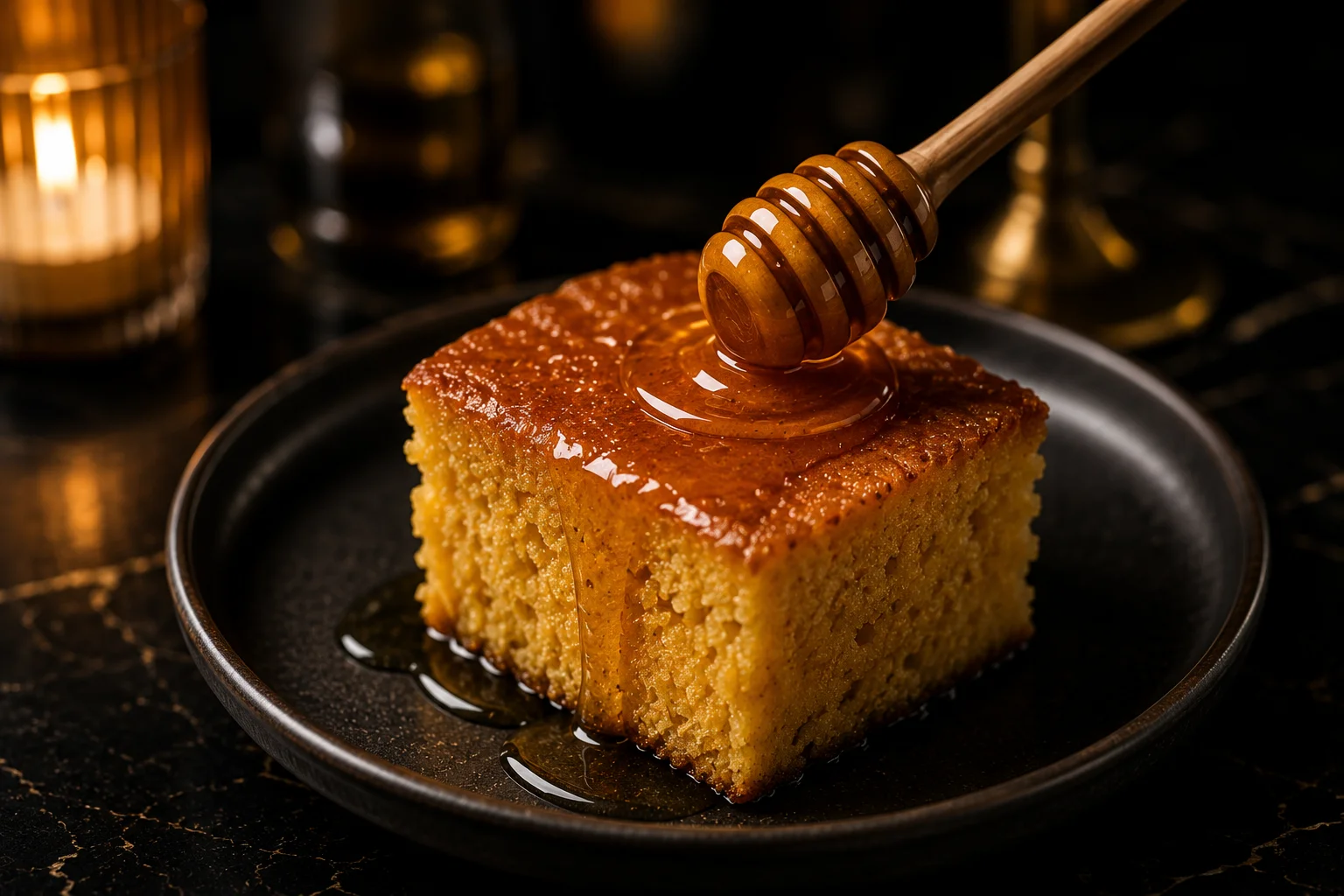 A slice of cornbread drizzled with honey, placed on a black plate.