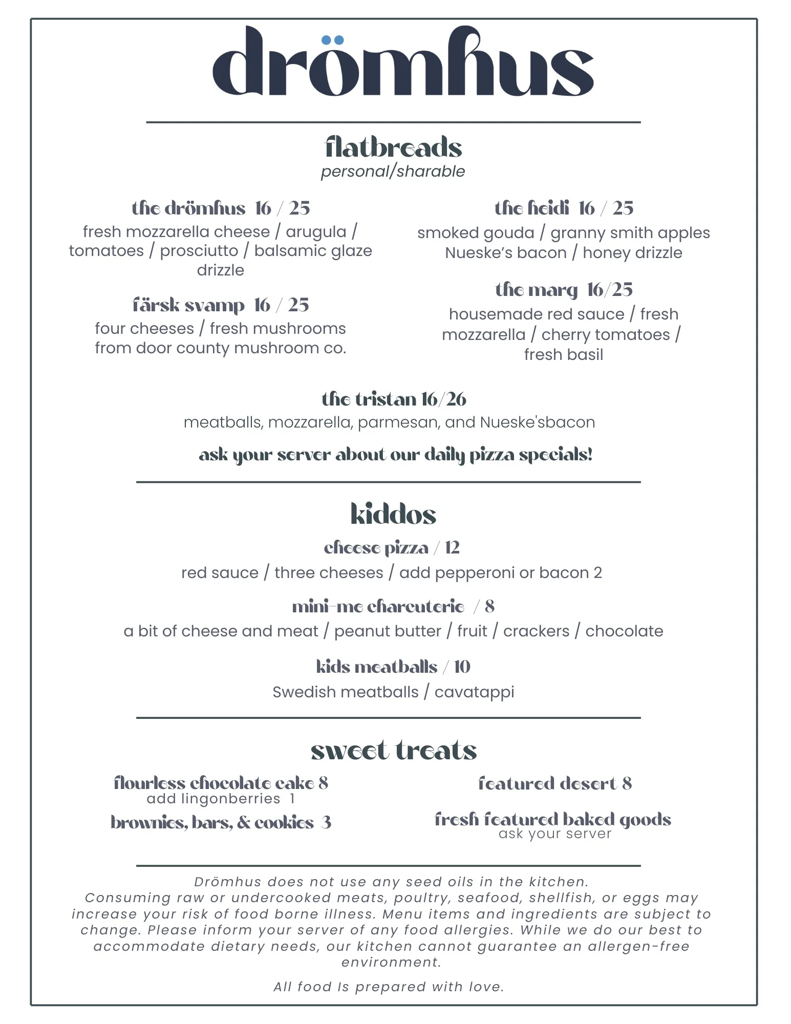 Menu featuring flatbreads and kid-friendly dishes at a cozy restaurant