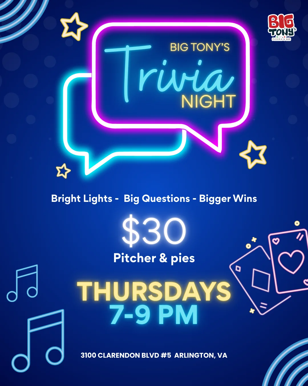 Trivia night event poster at Big Tony's Pizzeria