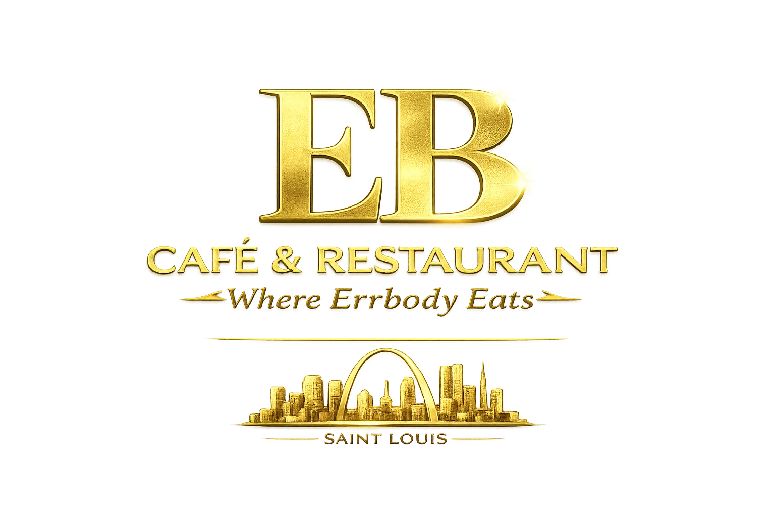A gold logo for a café and restaurant, featuring the name 'EB' and the tagline 'Where Errbody Eats' along with a depiction of a city skyline.