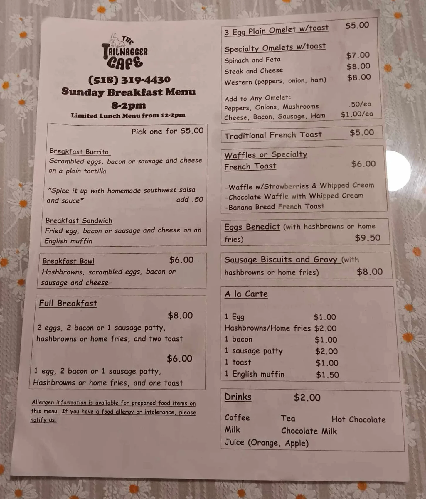 Sunday breakfast menu at a cozy café