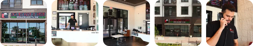 Modern pizza restaurant interior with staff