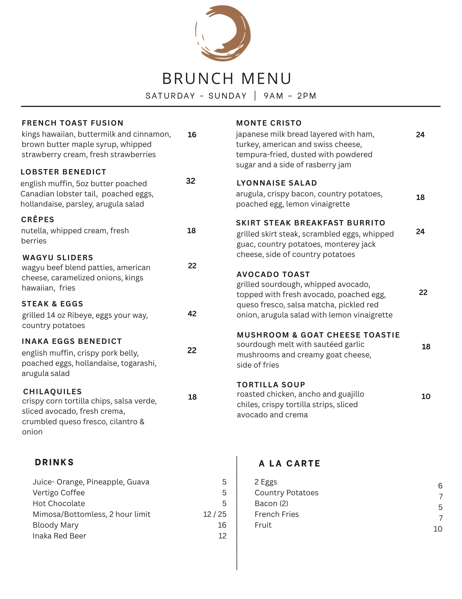 Brunch menu featuring diverse dishes from various cuisines