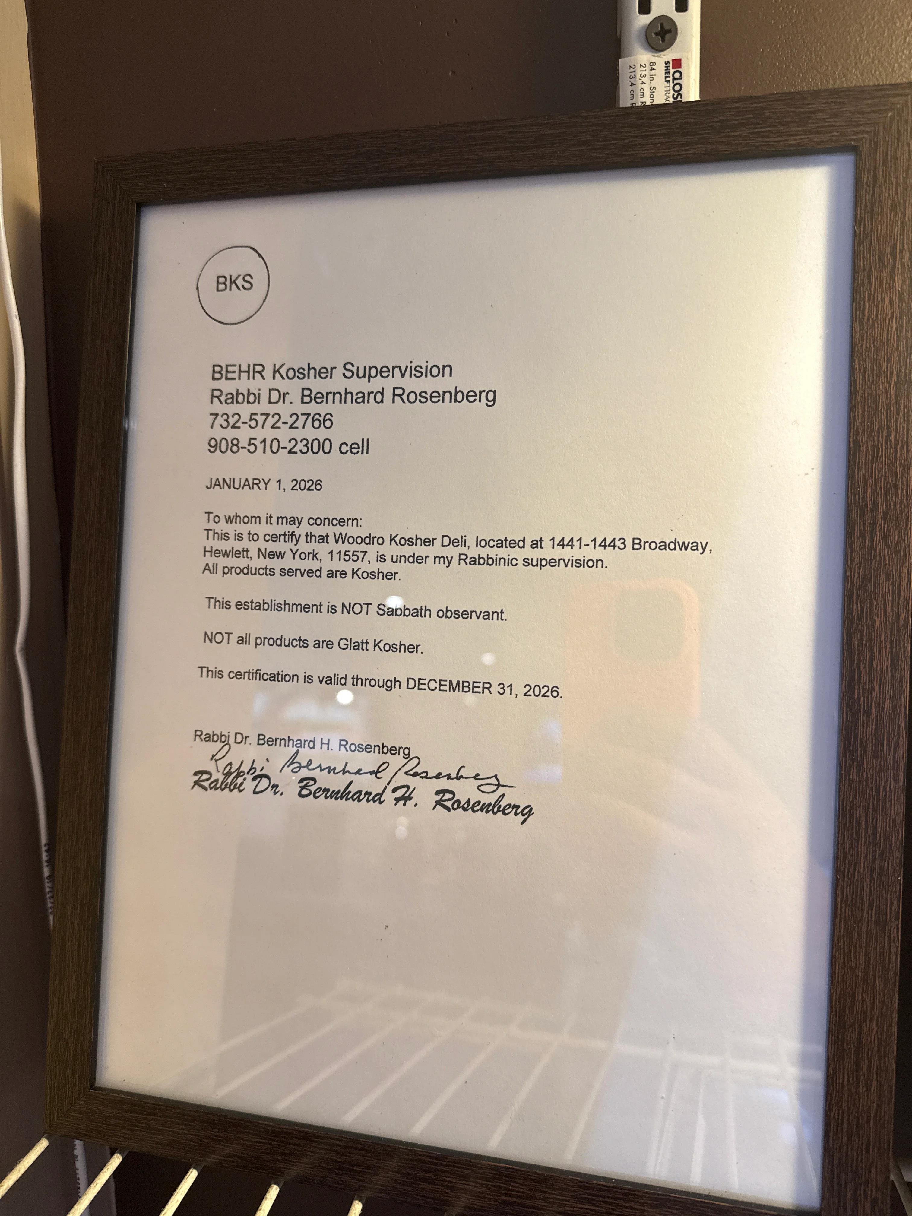 Kosher certification for Woodro Kosher Deli by Rabbi Dr. Bernhard Rosenberg