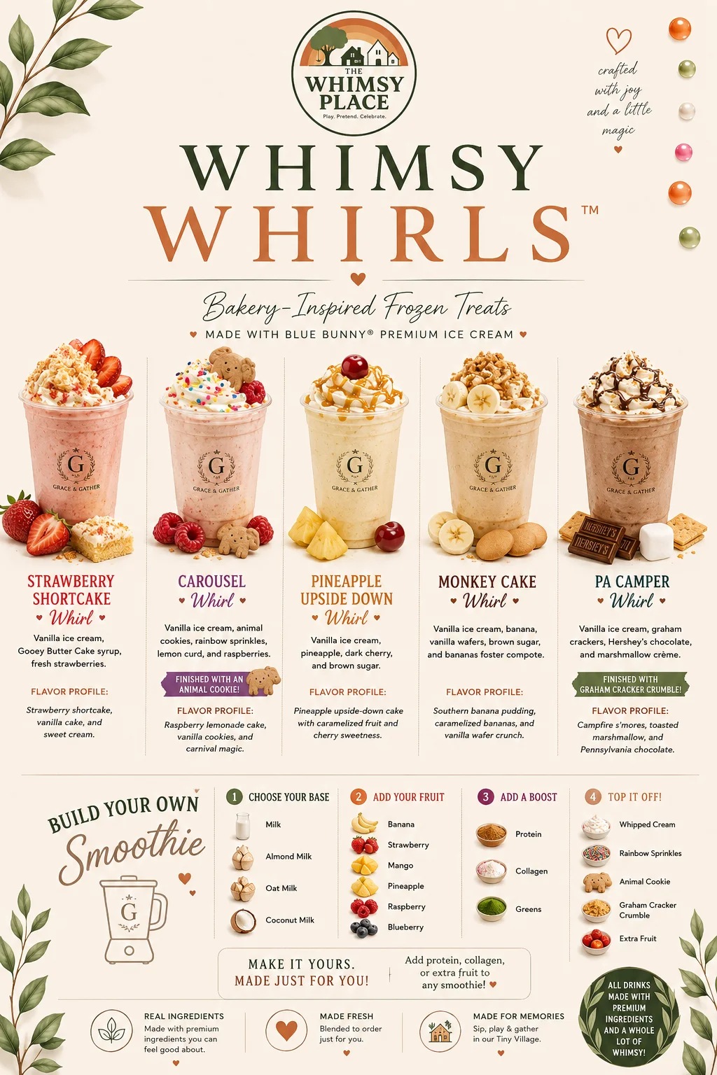 A display of bakery-inspired frozen treats, featuring various flavors and toppings, made with premium ice cream.