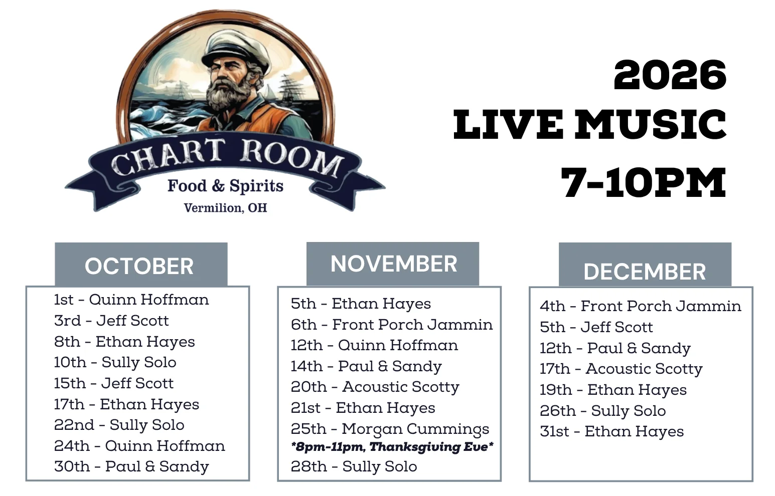Live music schedule for Chart Room restaurant, featuring various artists and dates.