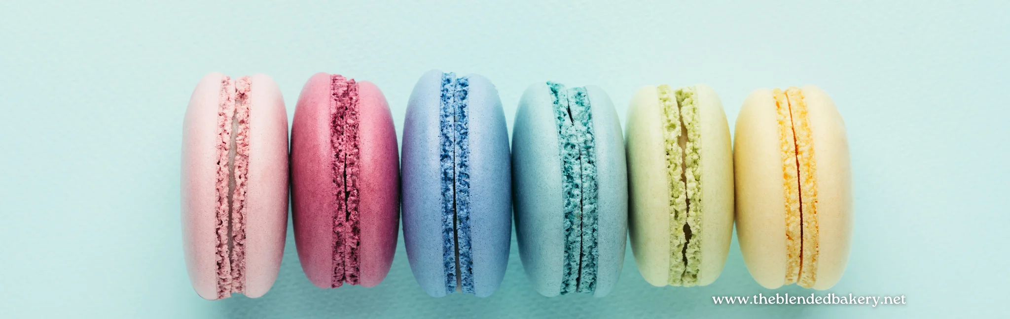Colorful French macarons arranged on a pastel background
