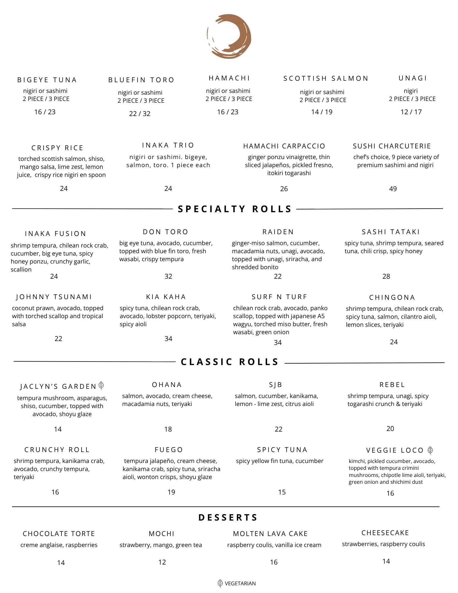 Menu featuring sushi, rolls, and desserts with prices listed.