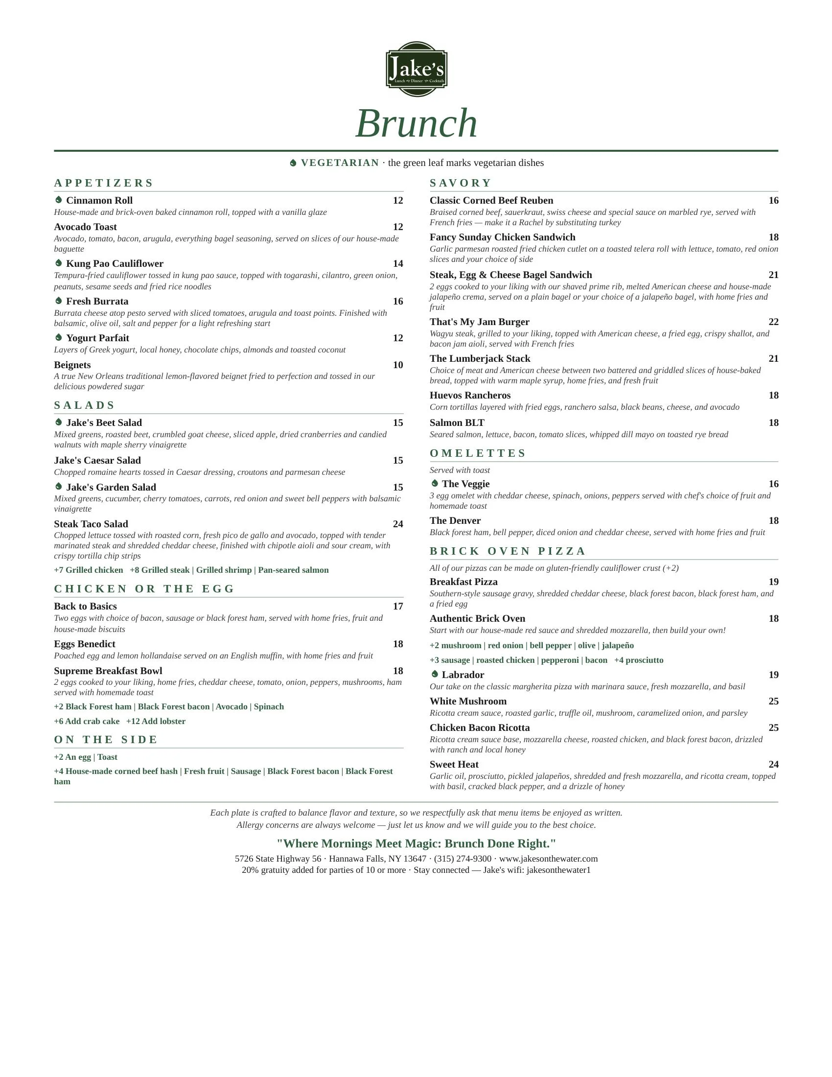 Brunch menu featuring diverse dishes at a cozy restaurant