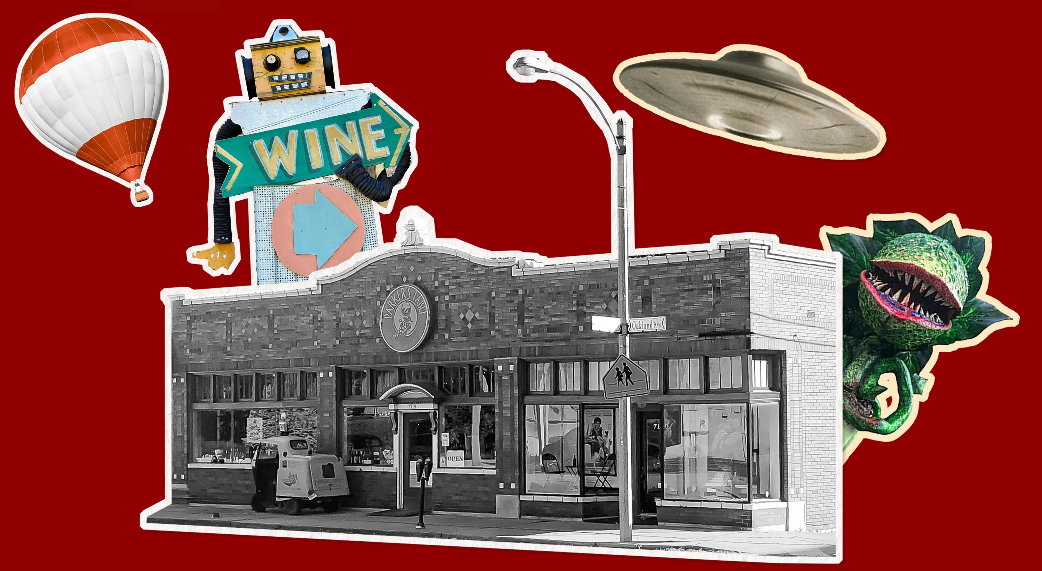 A whimsical interpretation of the Parker's Table storefront featuring a robot, UFO, hot air balloon, and Audrey 2