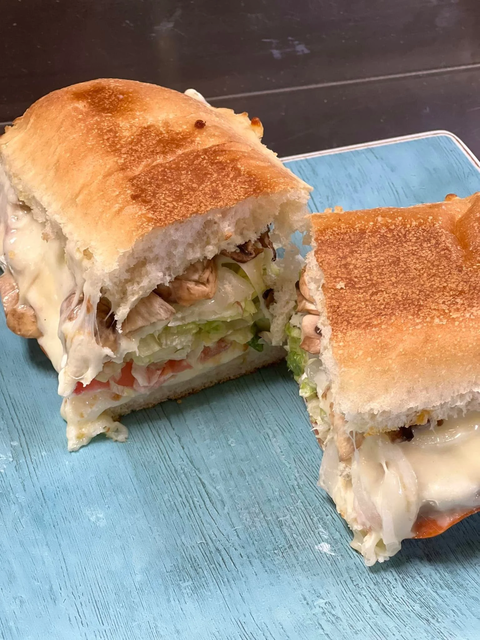 Melted cheese sandwich with grilled chicken and fresh vegetables