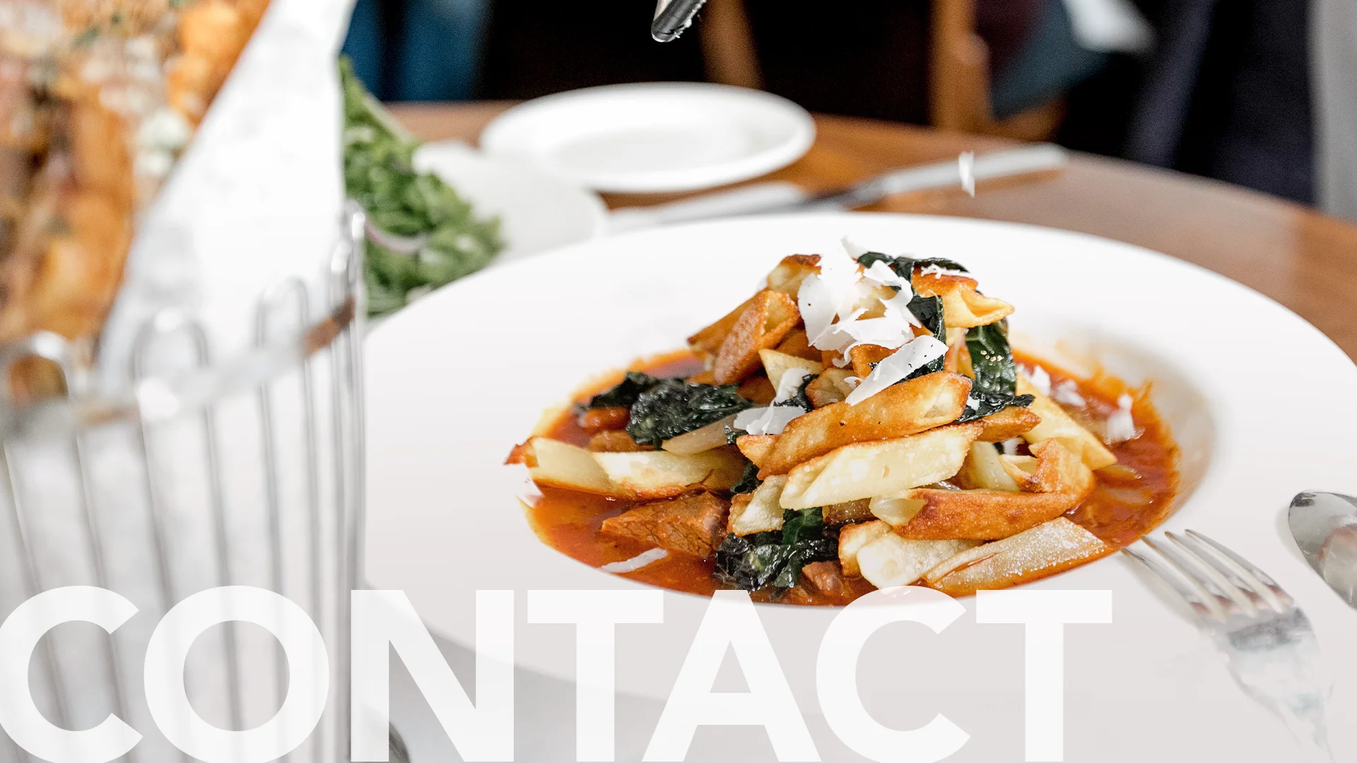 Contact banner for a restaurant with inviting design and contact information.