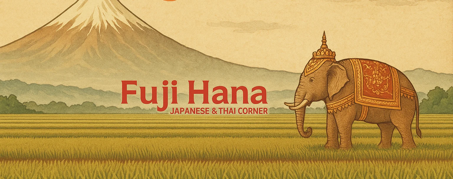 Artistic depiction of Fuji Hana restaurant with elephant and Mount Fuji