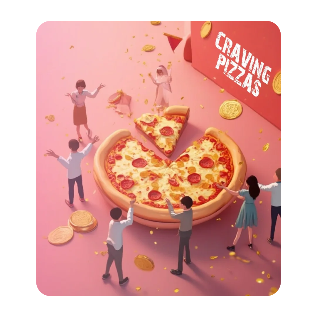 Whimsical illustration of a giant pepperoni pizza with people celebrating