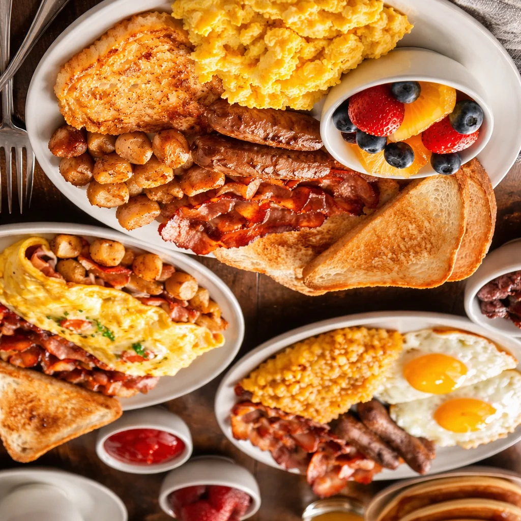 Hearty American breakfast platter with eggs, bacon, and pancakes