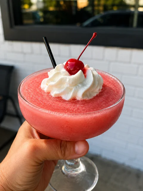 Fruity frozen daiquiri topped with whipped cream and cherry
