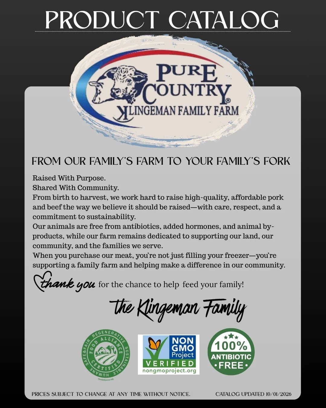 Family farm pork and beef product catalog cover with sustainability certifications