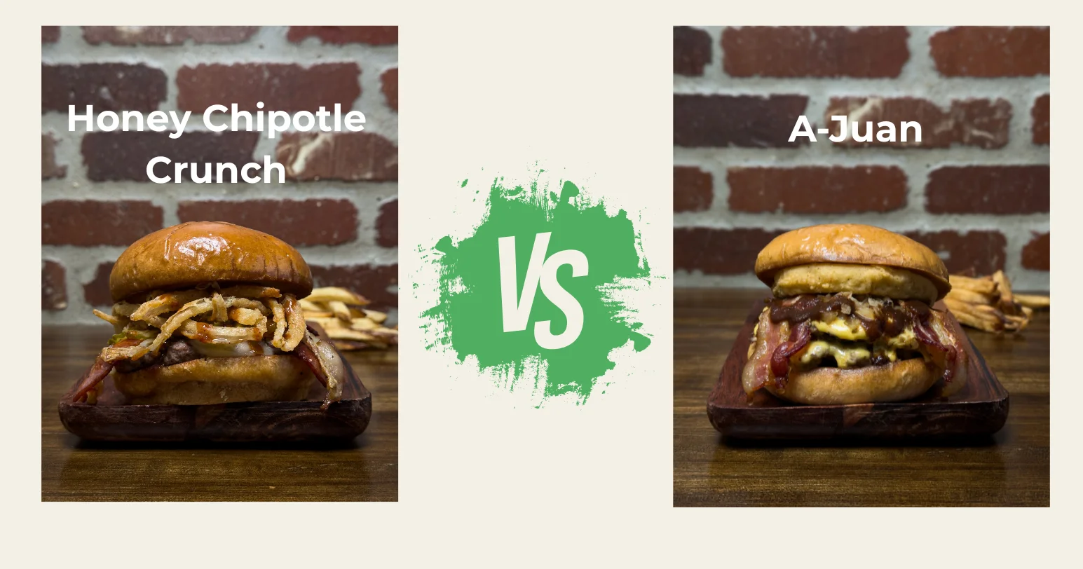 Two gourmet burgers: Ranchero Heatwave and Tex-Mex Street Corn