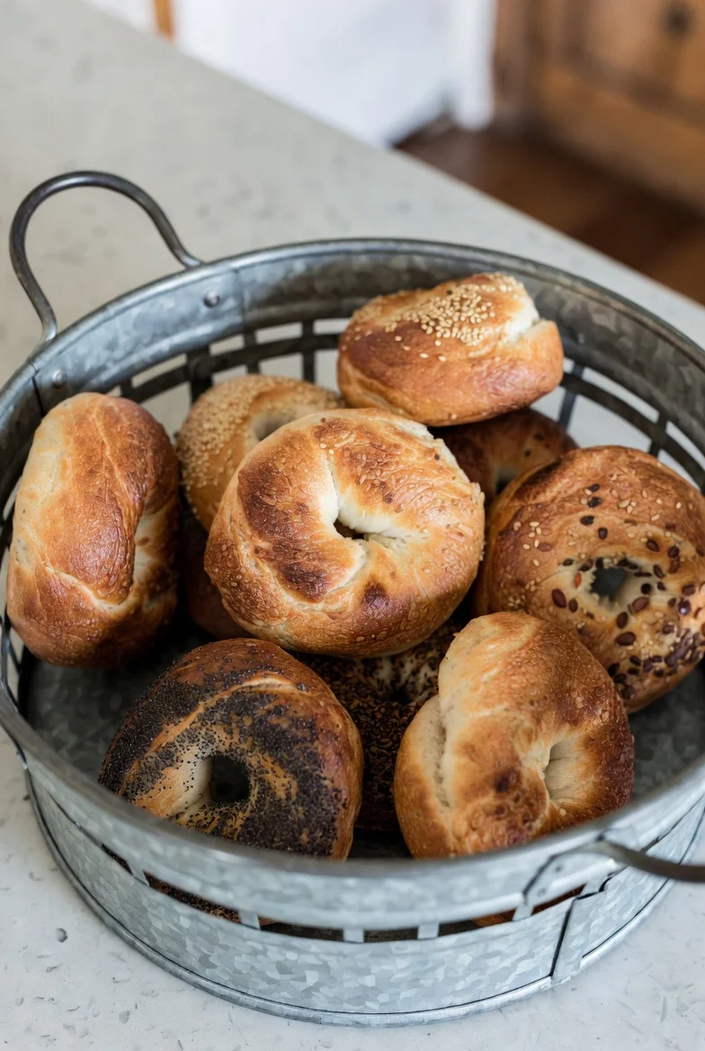 A dozen assorted bagels arranged on a wooden board.