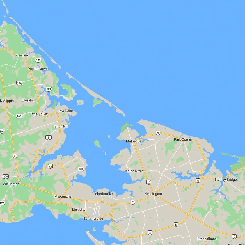 Map of Prince Edward Island with coastal features and towns