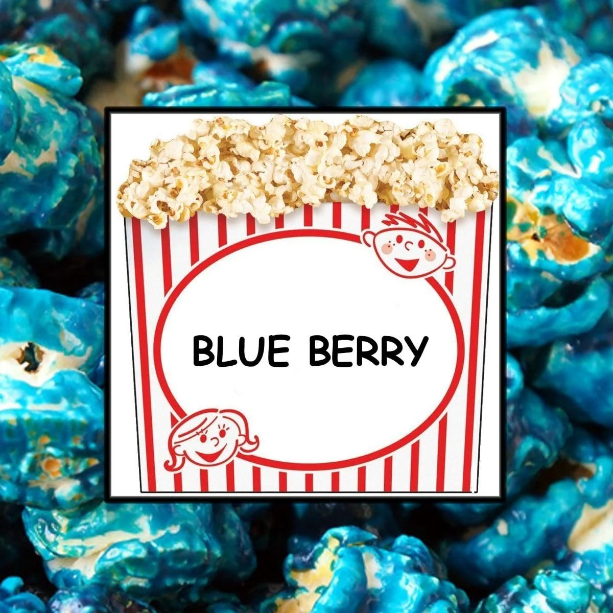 A popcorn container labeled 'BLUE BERRY' with a design featuring cartoon characters, surrounded by blue popcorn.