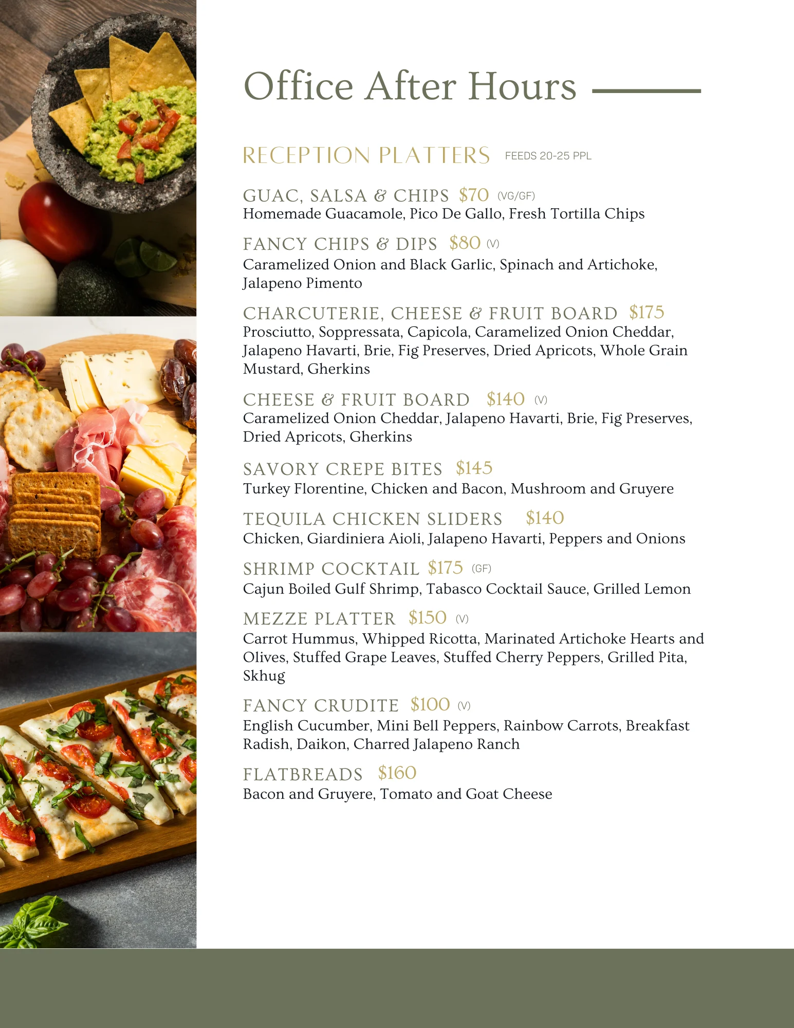 Reception platter featuring assorted charcuterie and dips