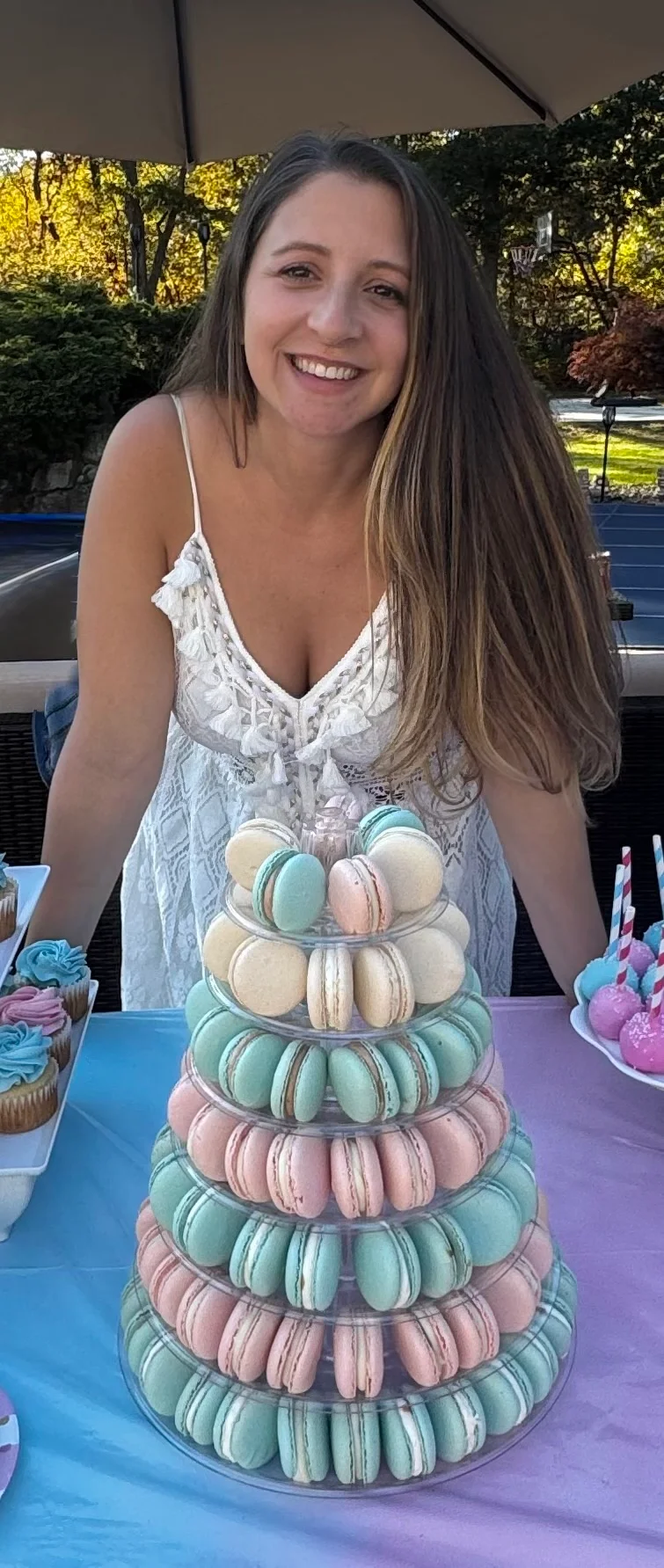 Colorful macaron tower at a dessert table
