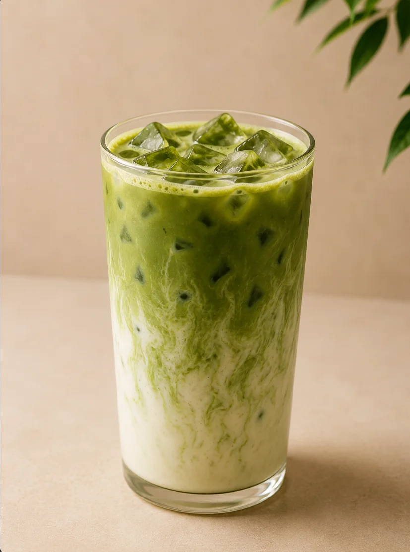 A green drink with a creamy swirl, served over ice in a tall glass, showcasing a blend of green tea and milk.