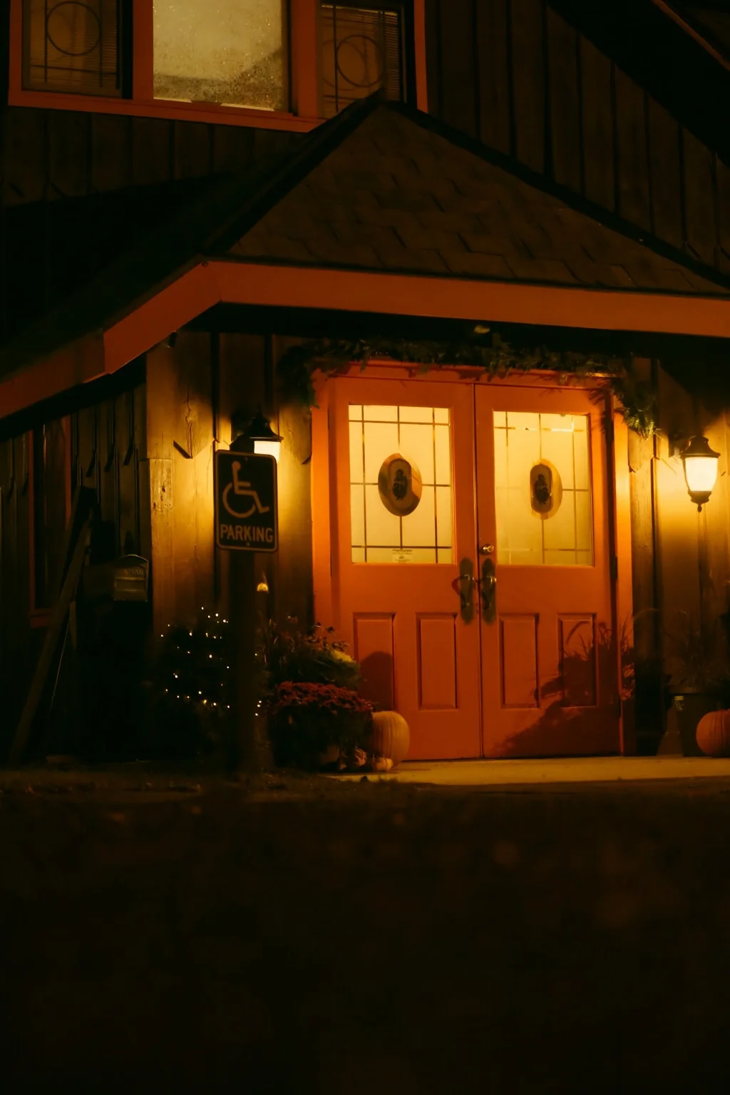 Charming restaurant entrance with warm lighting