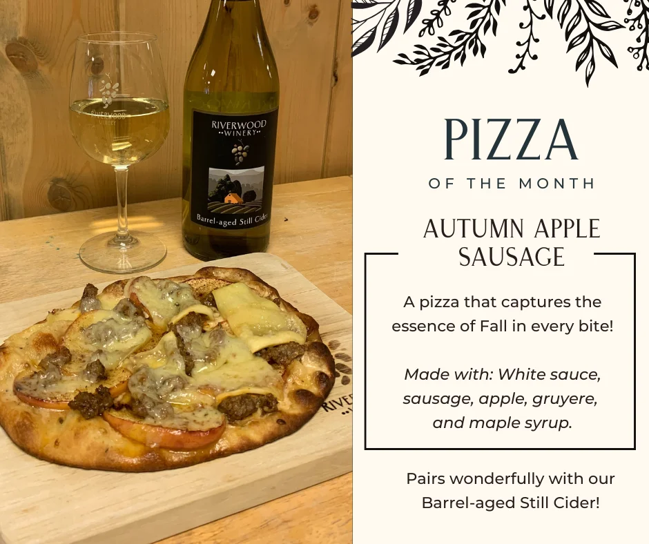 Autumn apple sausage pizza with white sauce and cheese
